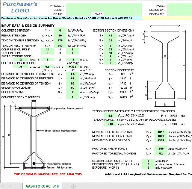 Prestressed Concrete Girder Design for Bridge Structure spreadsheet