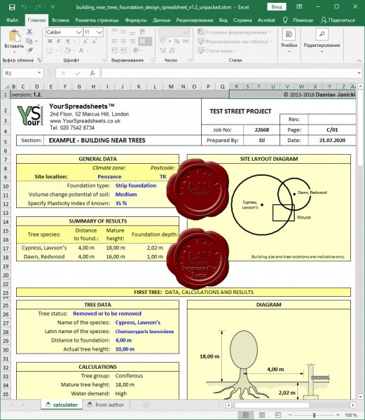 YourSpreadsheets: Building Near Trees Foundation Design Spreadsheet v1.2